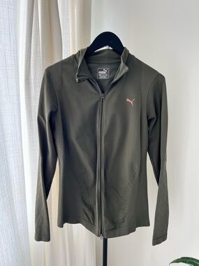 Puma Olive Green Full-Zip Bomber Jacket with Pink Logo